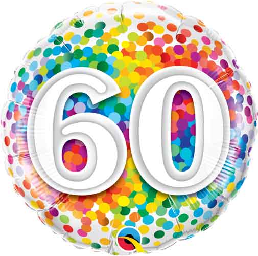 60th Rainbow Confetti Foil Balloons